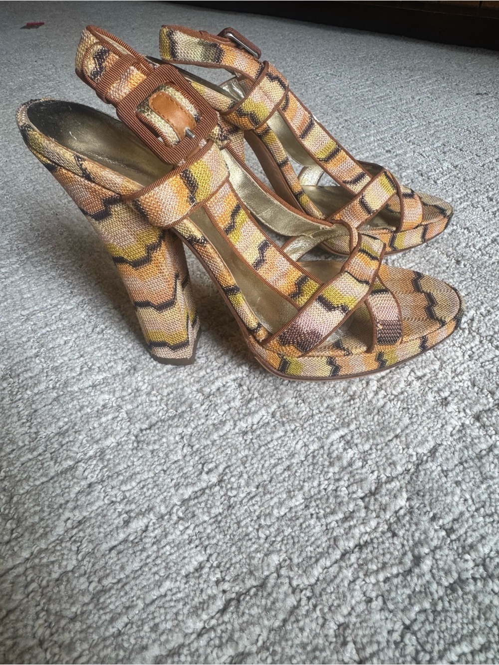 Snake-Print Strappy High Heel Sandals in Brown & Yellow